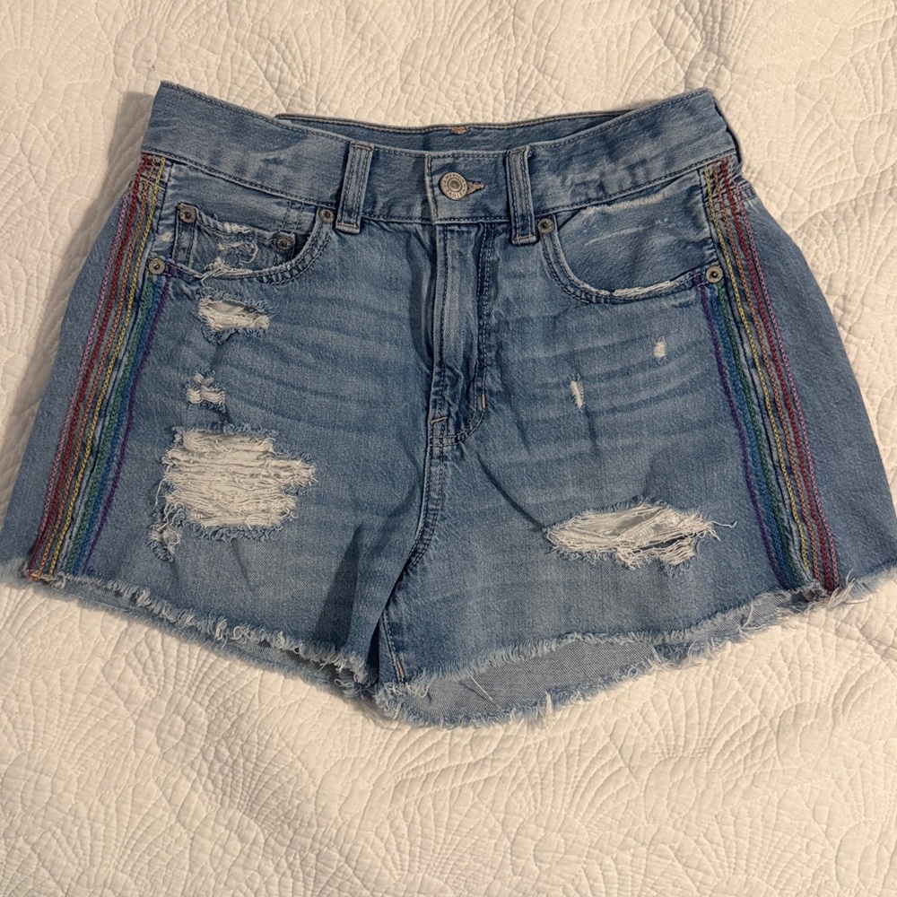 American Eagle Boyfriend Style Distressed Ripped Denim Shorts with Rainbow
